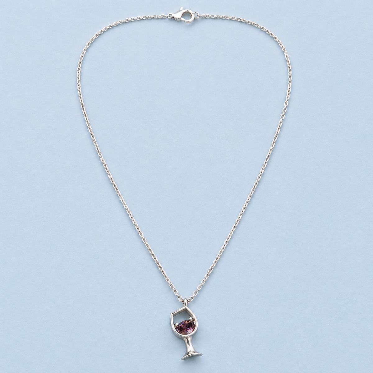 Wine Glass Pendant Necklace in 925 sterling silver, full necklace laid flat