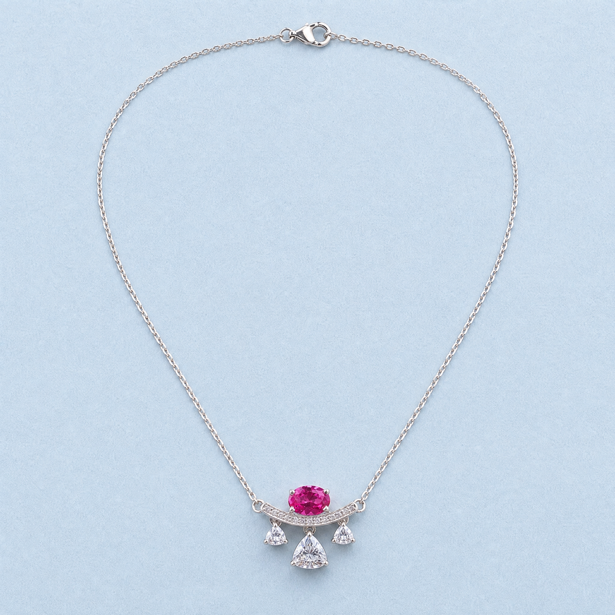 Pink Oval Bar Drop Necklace in 925 sterling silver, full necklace laid flat