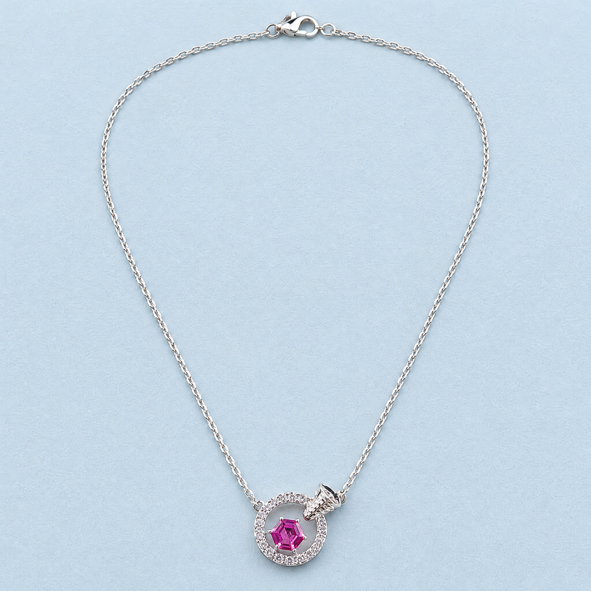 Pink Hexagon Circle Necklace in 925 sterling silver, full necklace laid flat