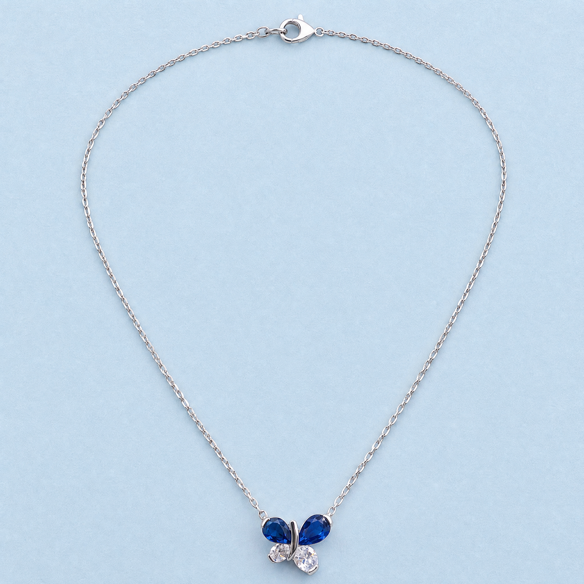 Blue Wing Butterfly Necklace in 925 sterling silver, full necklace laid flat