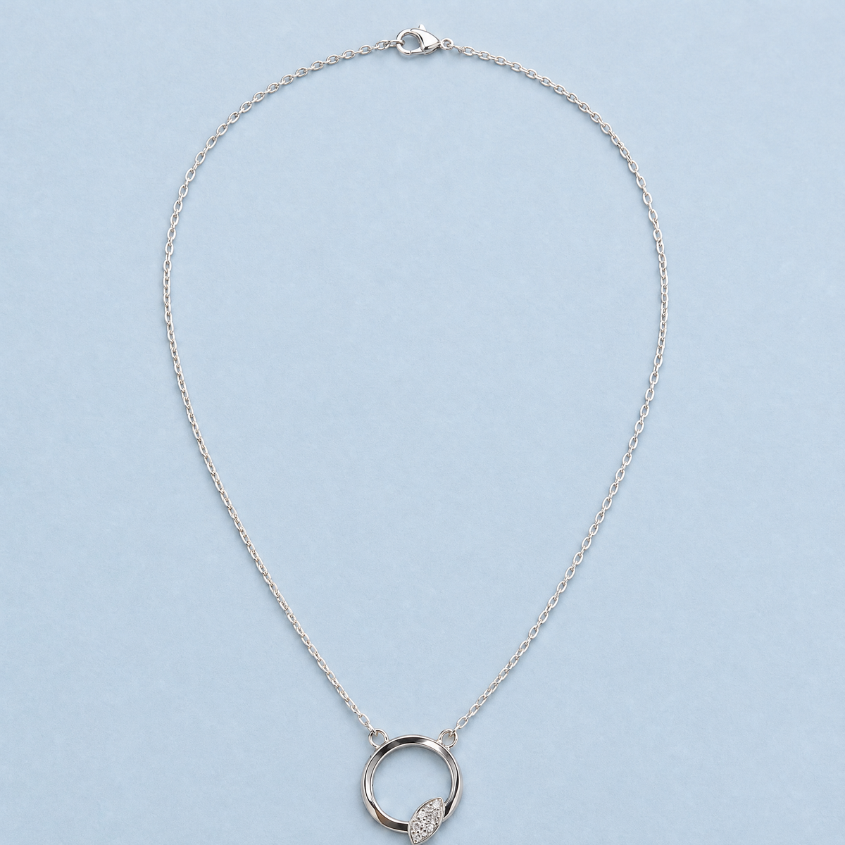 Leaf Sparkle Circle Necklace in 925 sterling silver, full necklace laid flat