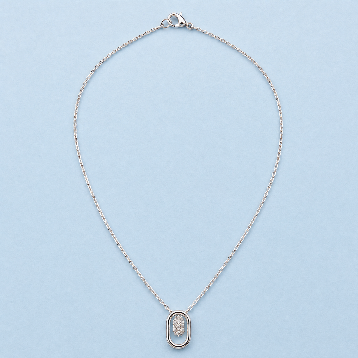 Oval Frame Cluster Necklace in 925 sterling silver, full necklace laid flat