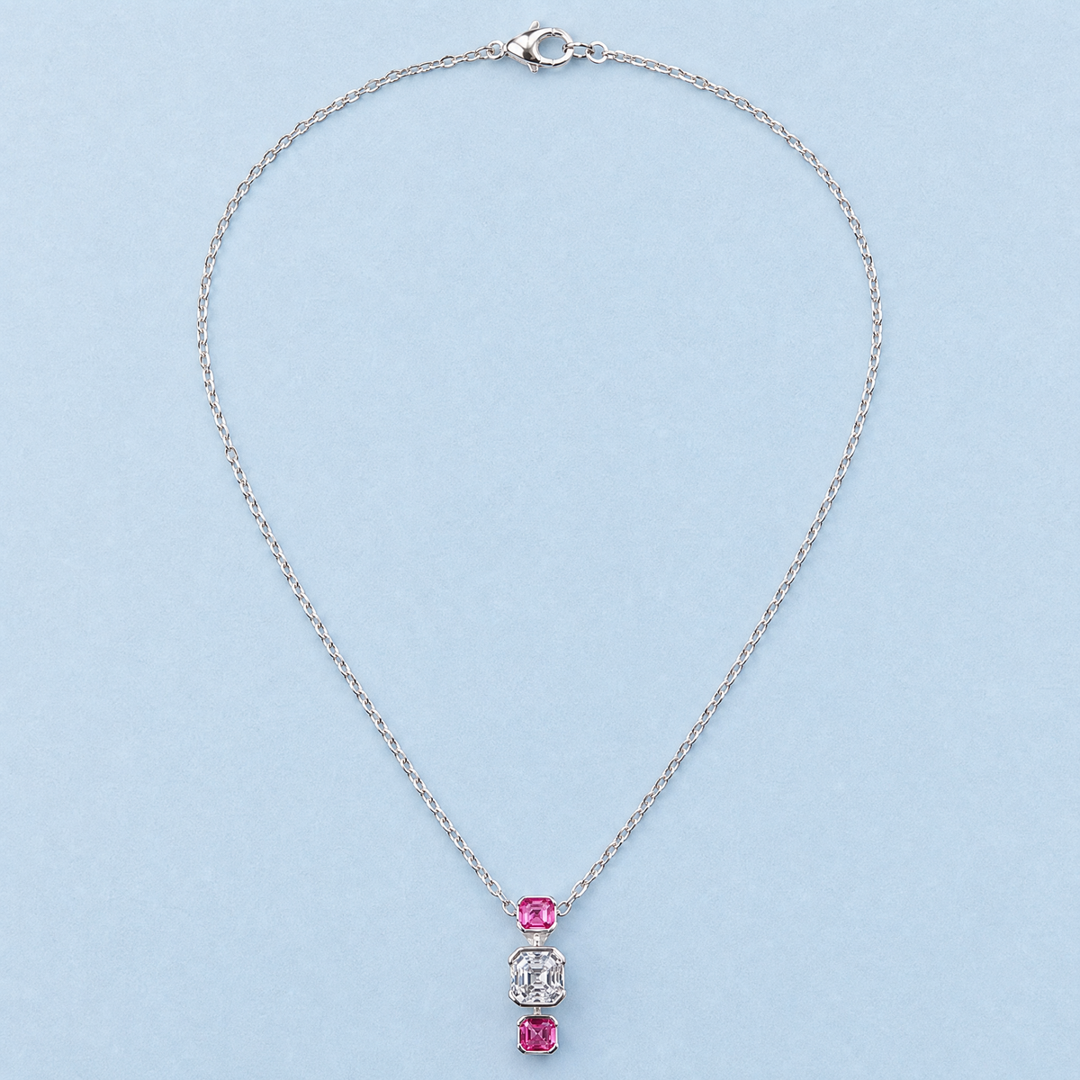 Pink and Clear Trio Necklace in 925 sterling silver, full necklace laid flat