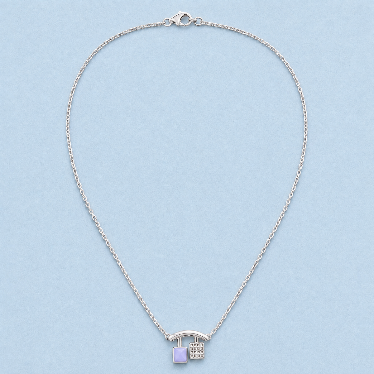 Lavender and Grid Pendant Necklace in 925 sterling silver, full necklace laid flat