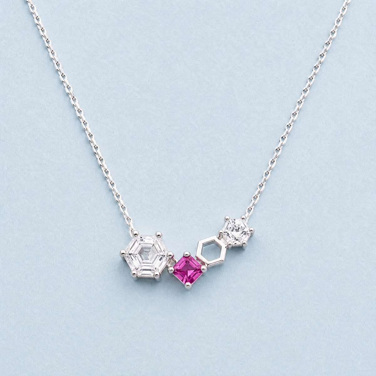 Hexagon Trio Bar Necklace in 925 sterling silver, full necklace laid flat
