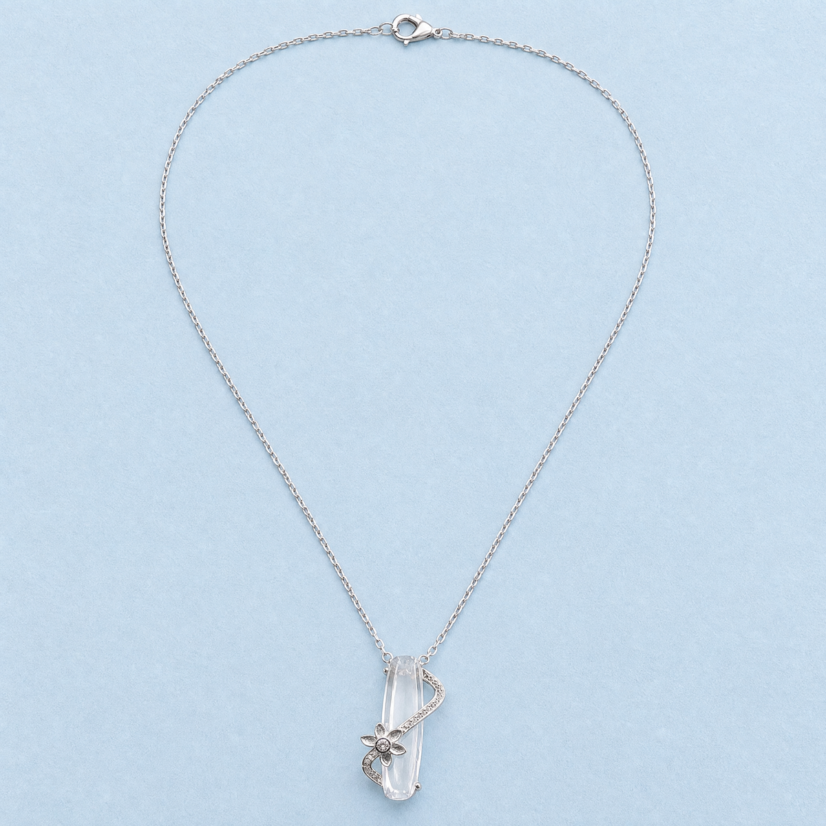 Flower Wrap Clear Stone Necklace in 925 sterling silver, full necklace laid flat
