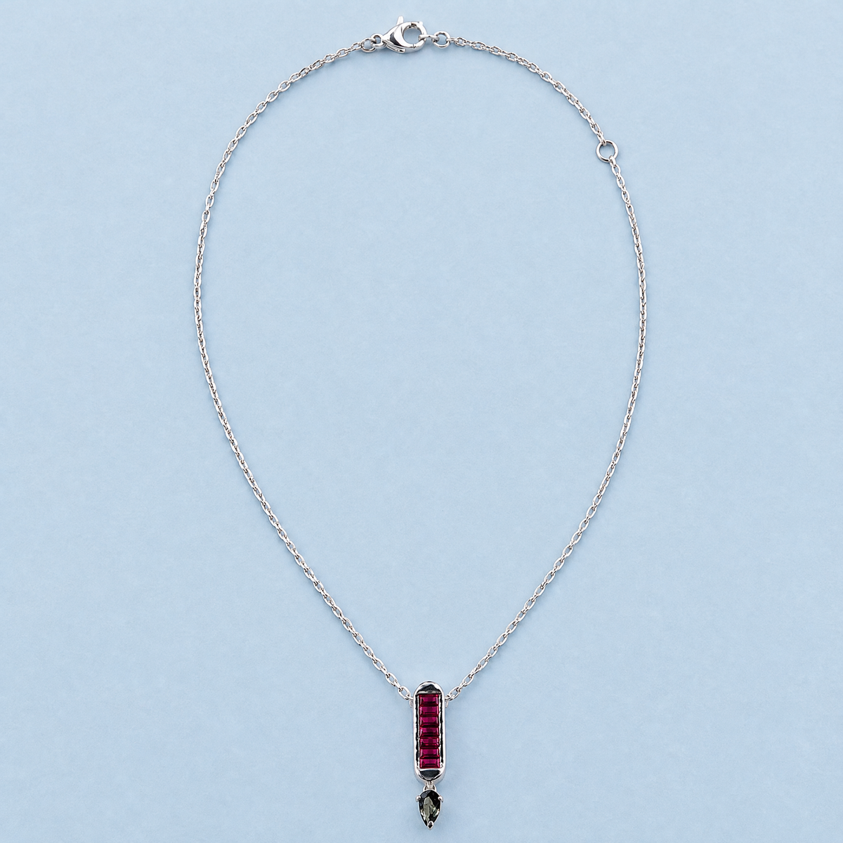 Red Baguette Bar Drop Necklace in 925 sterling silver, full necklace laid flat