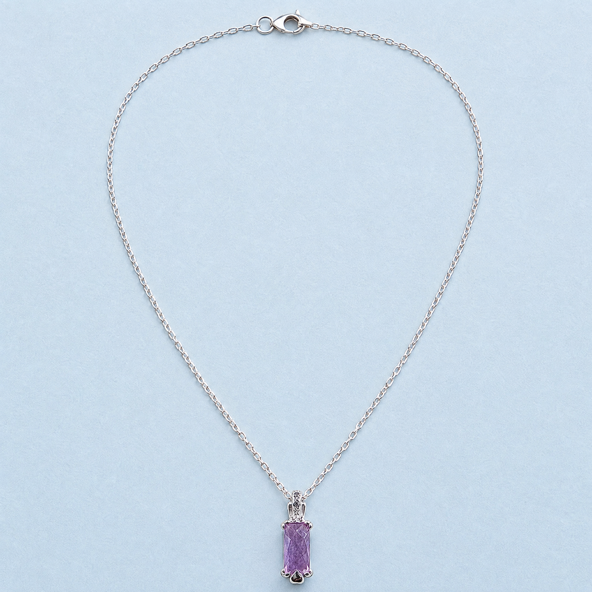 Lavender Rectangle Pendant Necklace in 925 sterling silver, full necklace laid flat