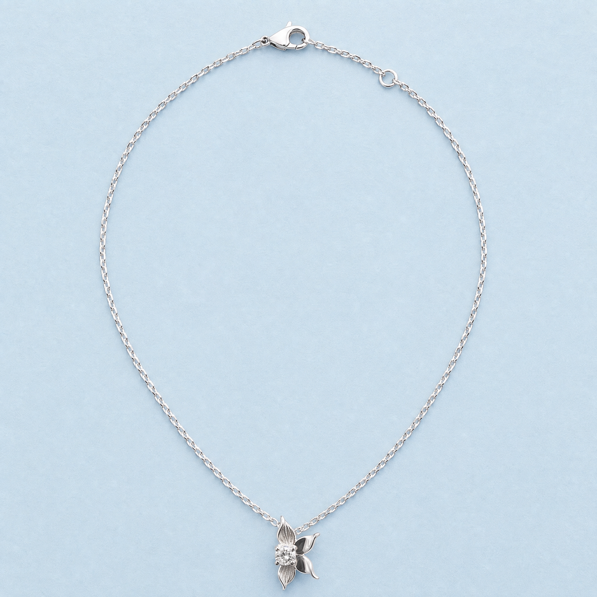 Petal Bloom Pendant Necklace in 925 sterling silver, full necklace laid flat
