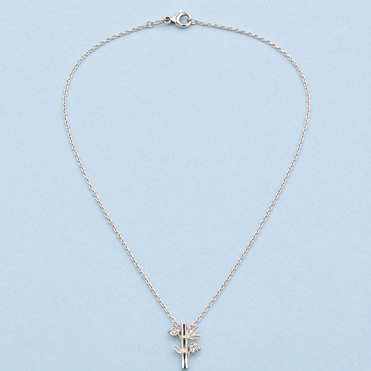 Bamboo Leaf Pendant Necklace in 925 sterling silver, full necklace laid flat