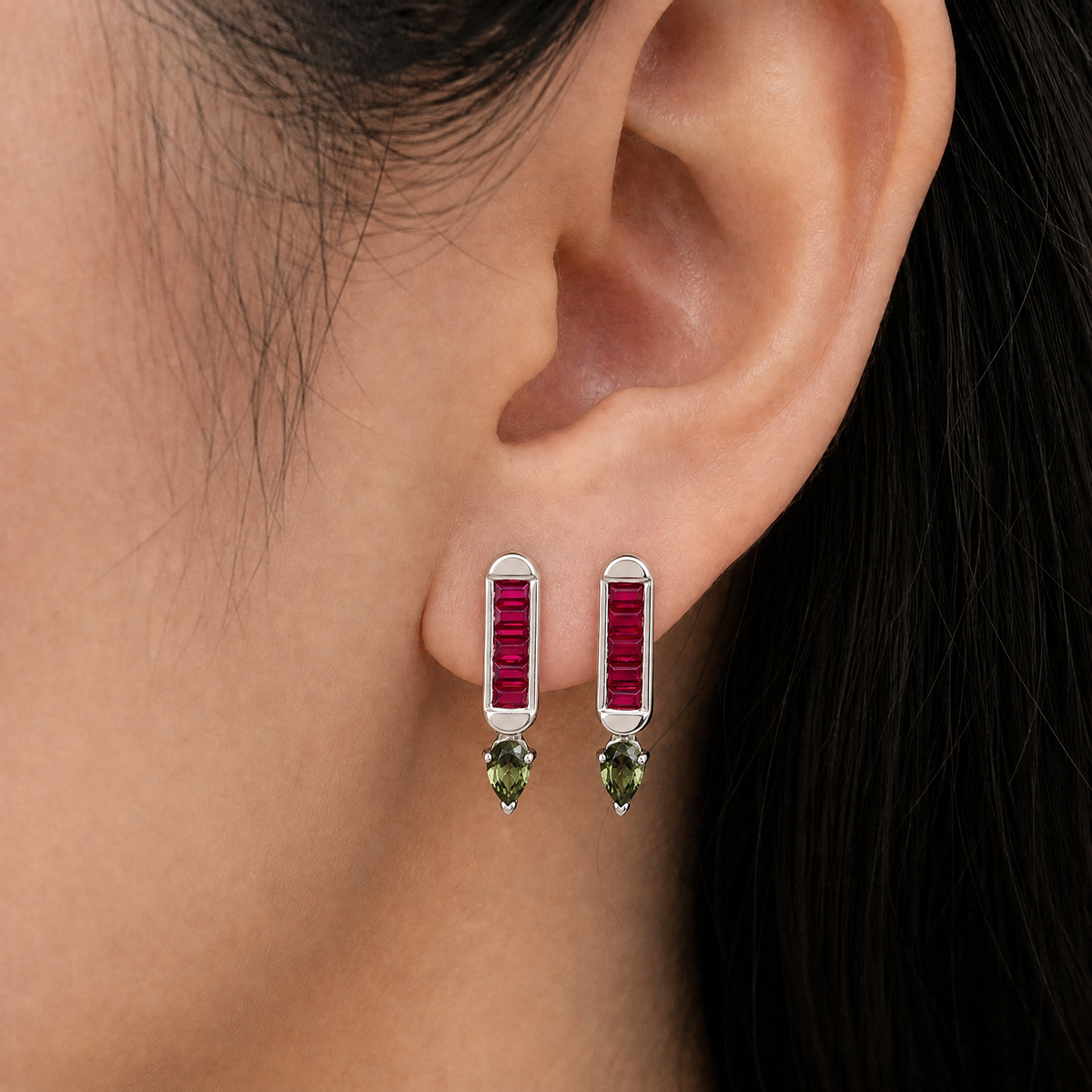 Red Baguette Bar Drop Earrings in 925 sterling silver, worn on the ear