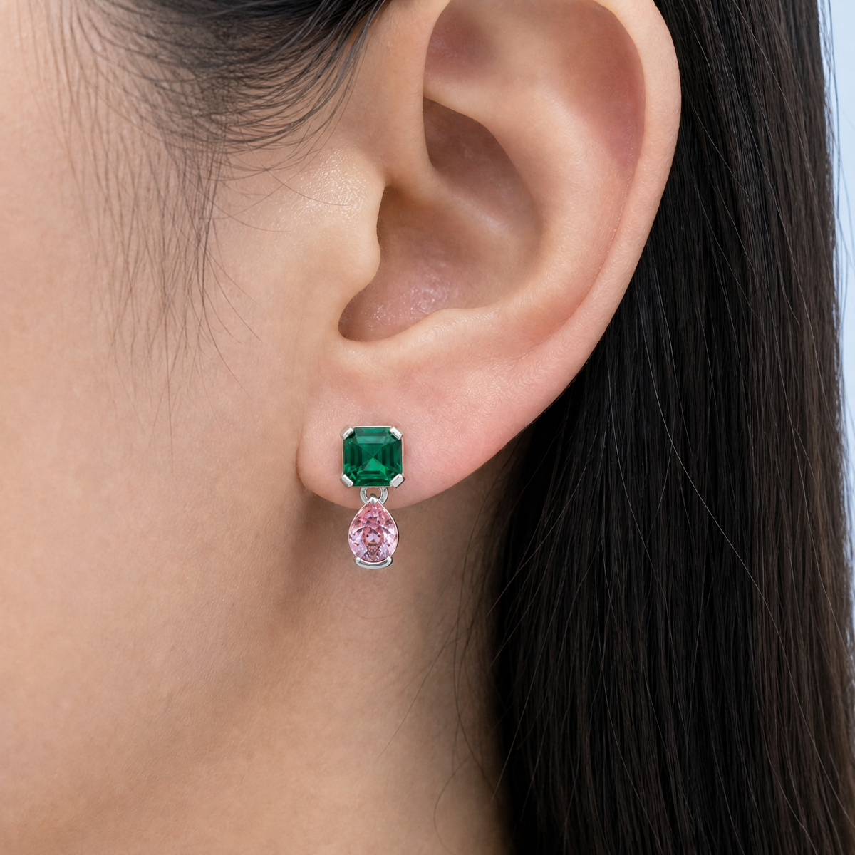 Green and Pink Drop Earrings in 925 sterling silver, worn on the ear