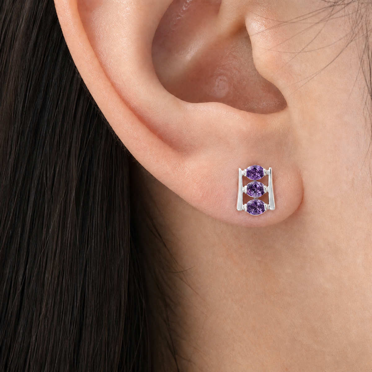 Purple Trio Ladder Stud Earrings in 925 sterling silver, worn on the ear