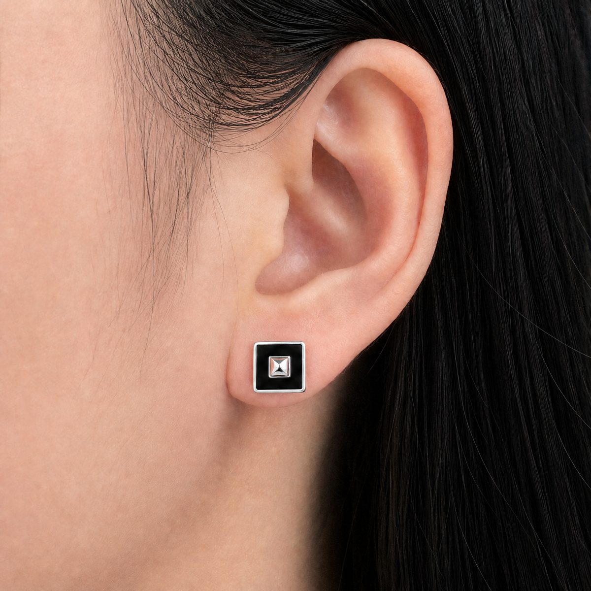 Art Deco Black Square Stud Earrings in 925 sterling silver, worn on the ear