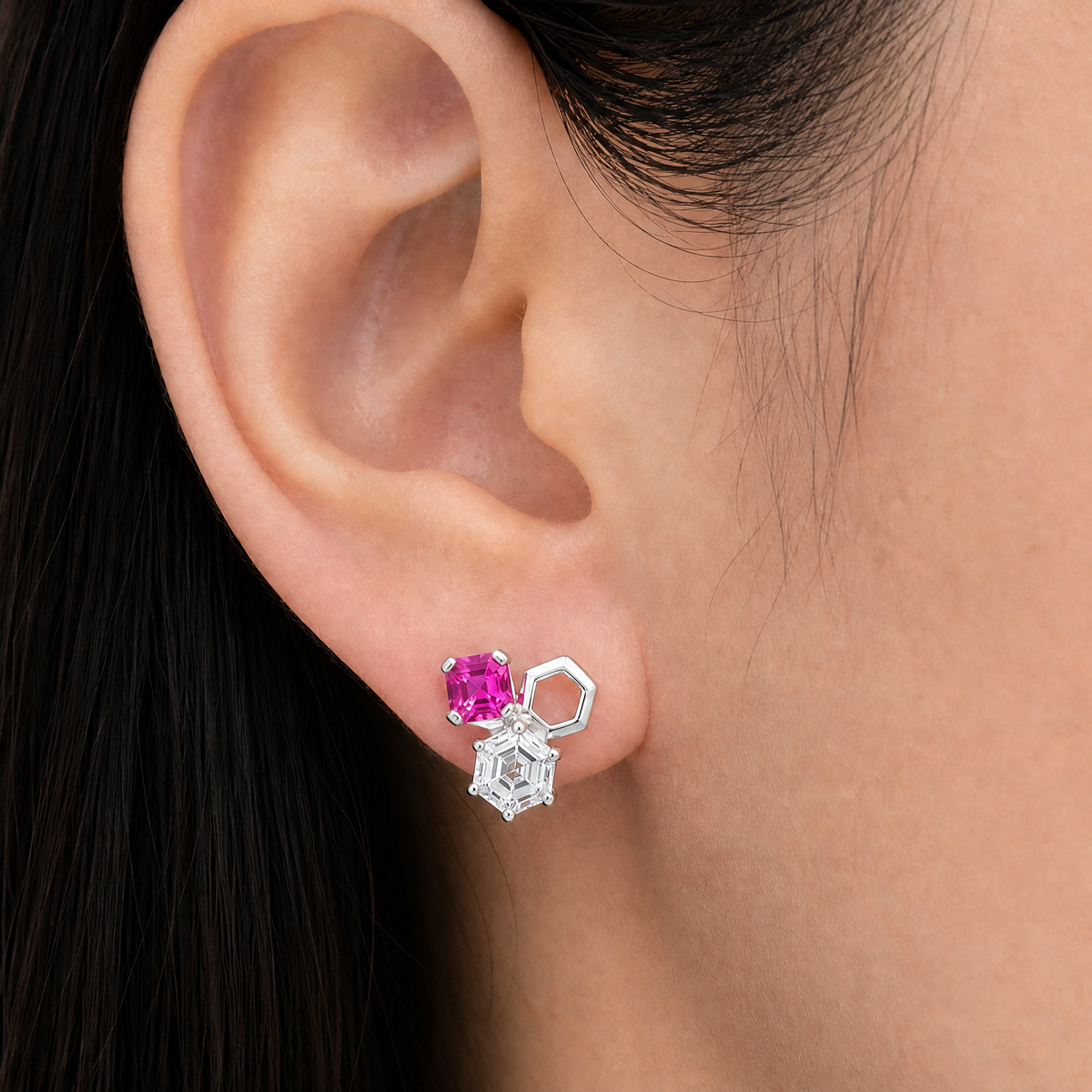 Hexagon Trio Cluster Stud Earrings in 925 sterling silver, worn on the ear