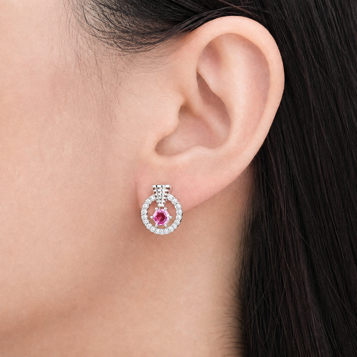 Pink Hexagon Circle Stud Earrings in 925 sterling silver, worn on the ear