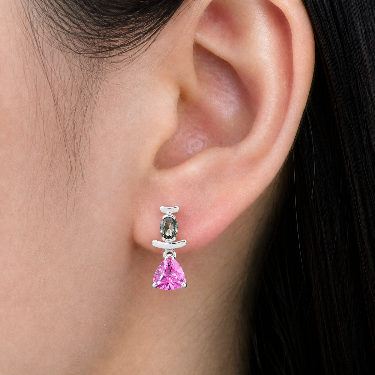 Grey and Pink Triangle Drop Earrings in 925 sterling silver, worn on the ear