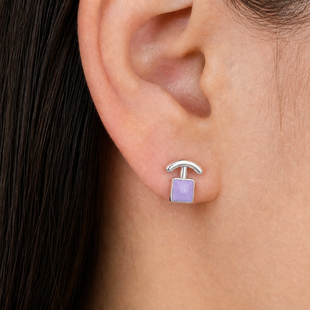Lavender and Grid Enamel Stud Earrings in 925 sterling silver, worn on the ear