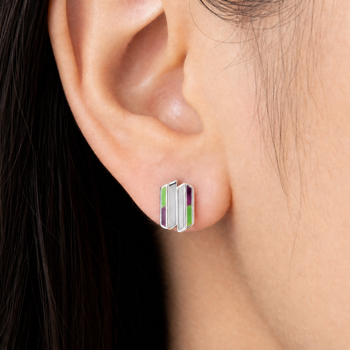 Offset Bar Enamel Stud Earrings in 925 sterling silver, worn on the ear