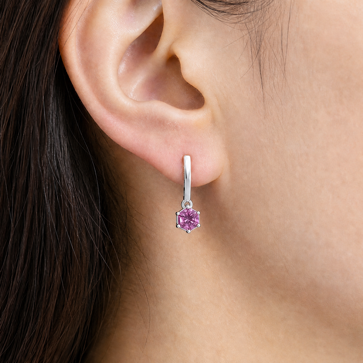 Pink Hexagon Bar Drop Earrings in 925 sterling silver, worn on the ear