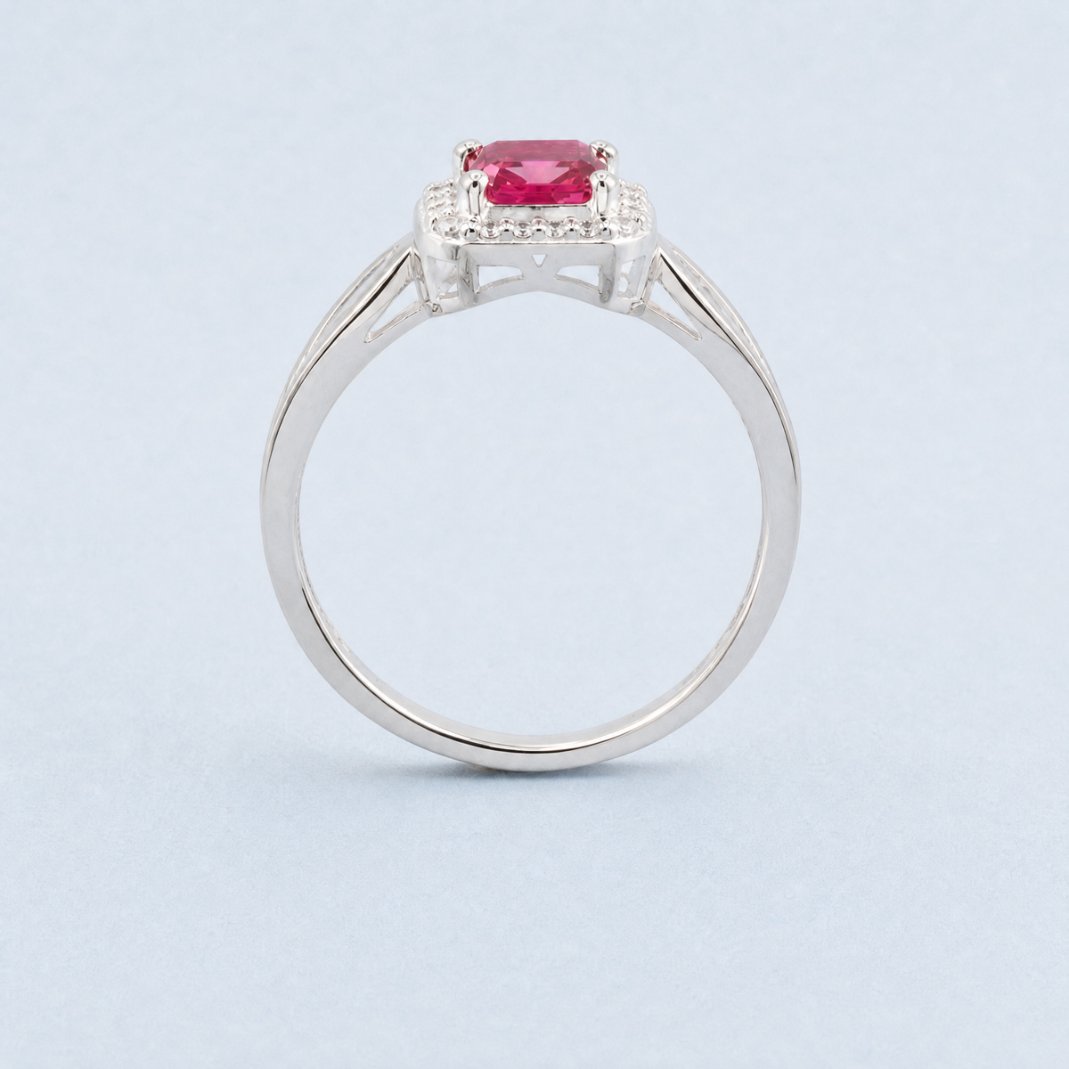 Pink Halo Step Cut Ring in 925 sterling silver, upright view