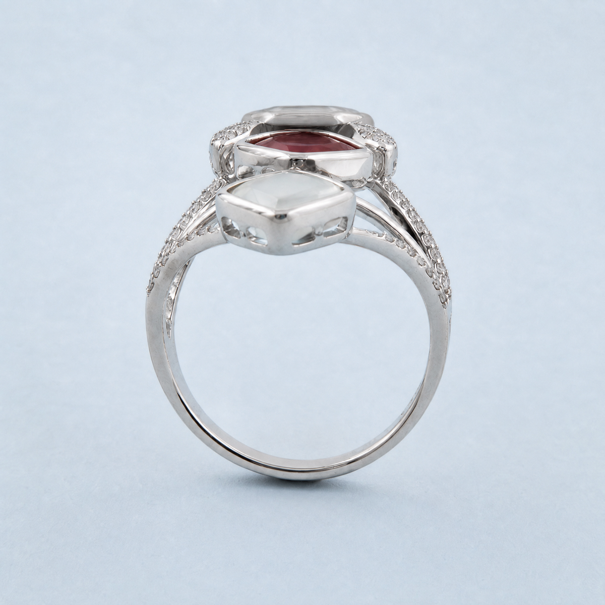 Red and White Trio Cocktail Ring in 925 sterling silver, upright view