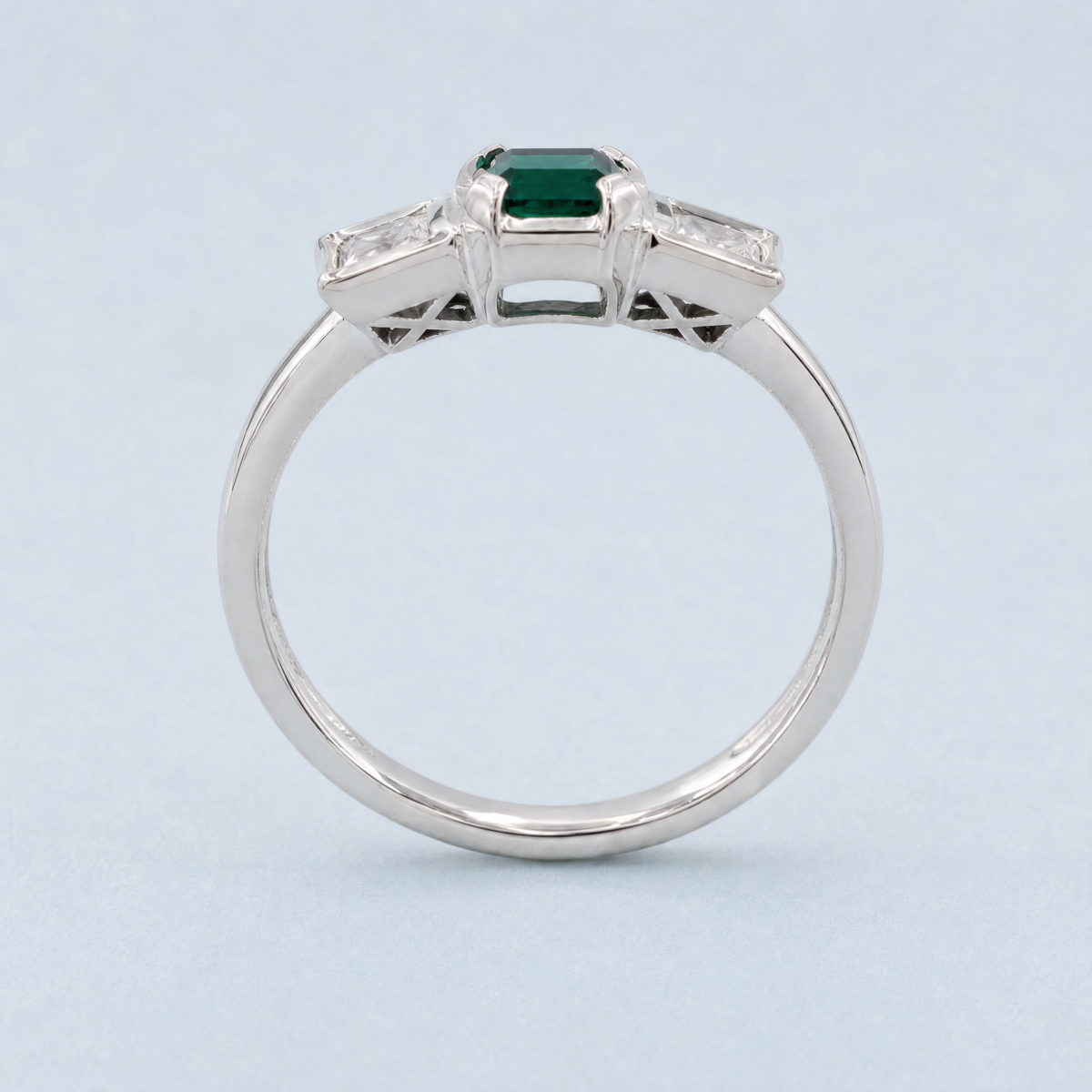Green and Clear Trio Ring in 925 sterling silver, upright view