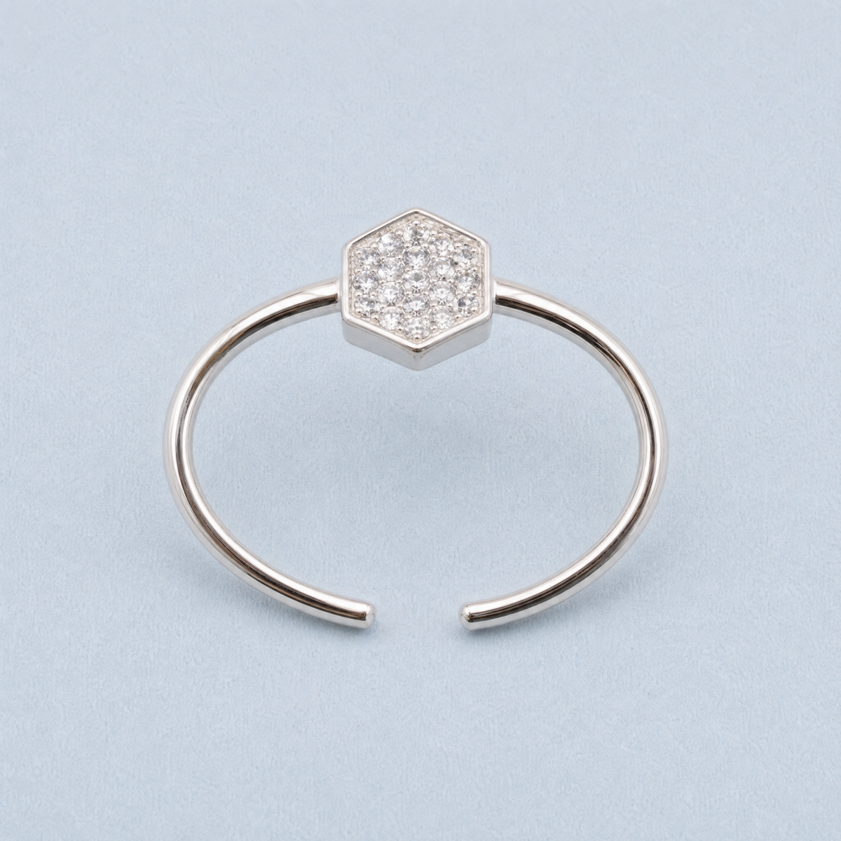 Pavé Hexagon Open Ring in 925 sterling silver, open band from the front