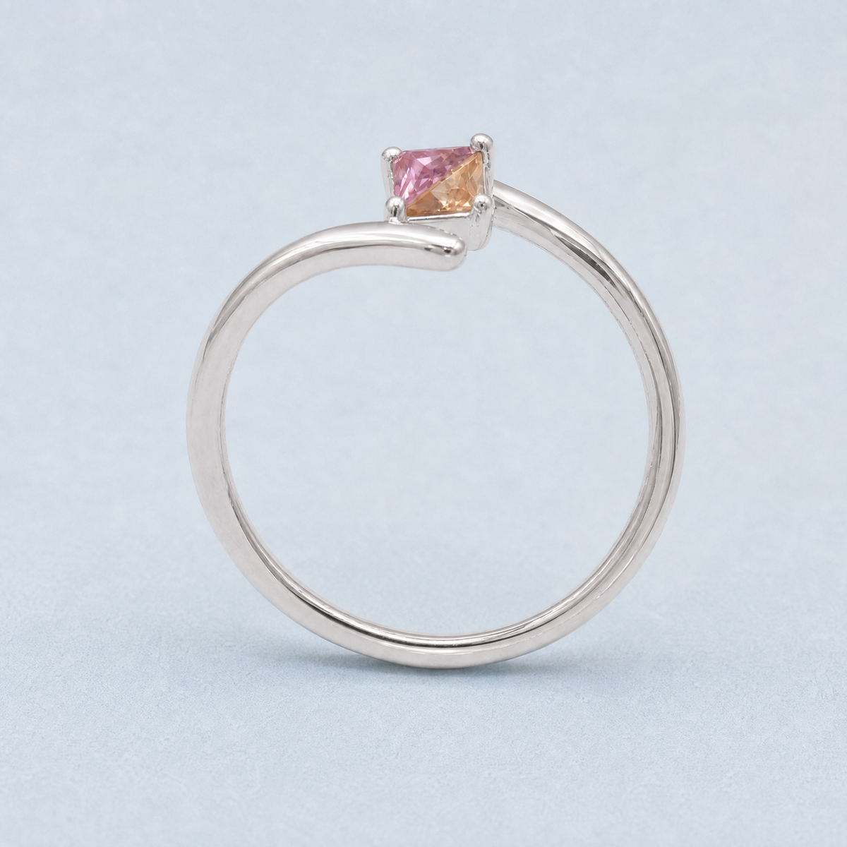 Pink and Peach Bypass Ring in 925 sterling silver, upright view