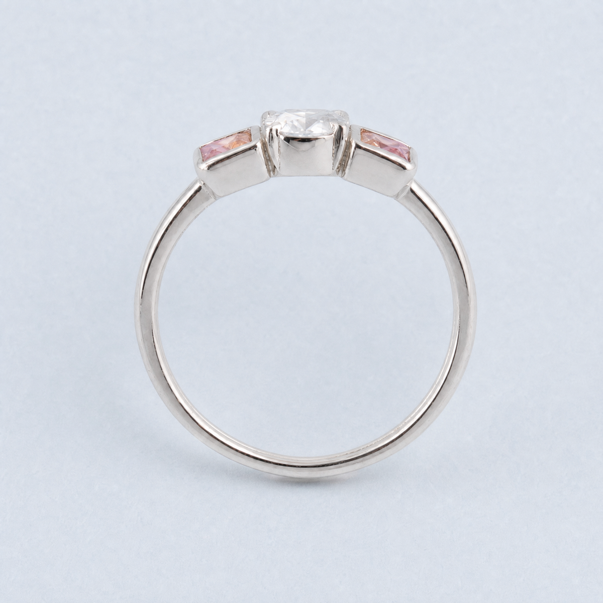 Clear and Pink Trio Ring in 925 sterling silver, upright view