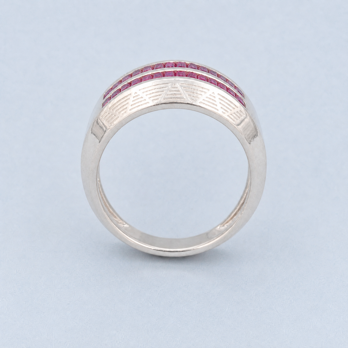 Double Row Pink Baguette Ring in 925 sterling silver, upright view