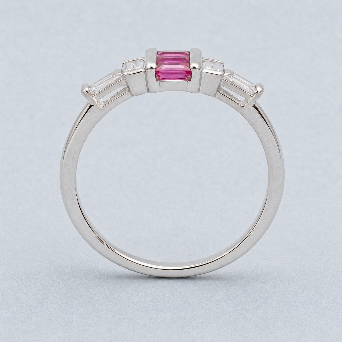 Pink Baguette Step Ring in 925 sterling silver, upright view