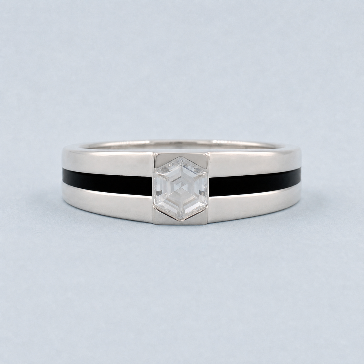Black Line Hexagon Ring in 925 sterling silver, front view