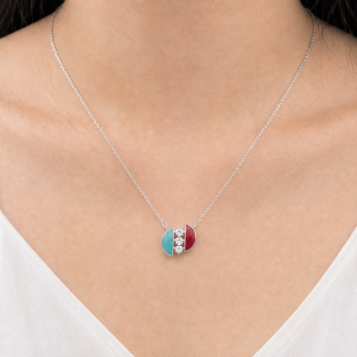 Half Moon Duo Pendant Necklace in 925 sterling silver, worn at the neckline