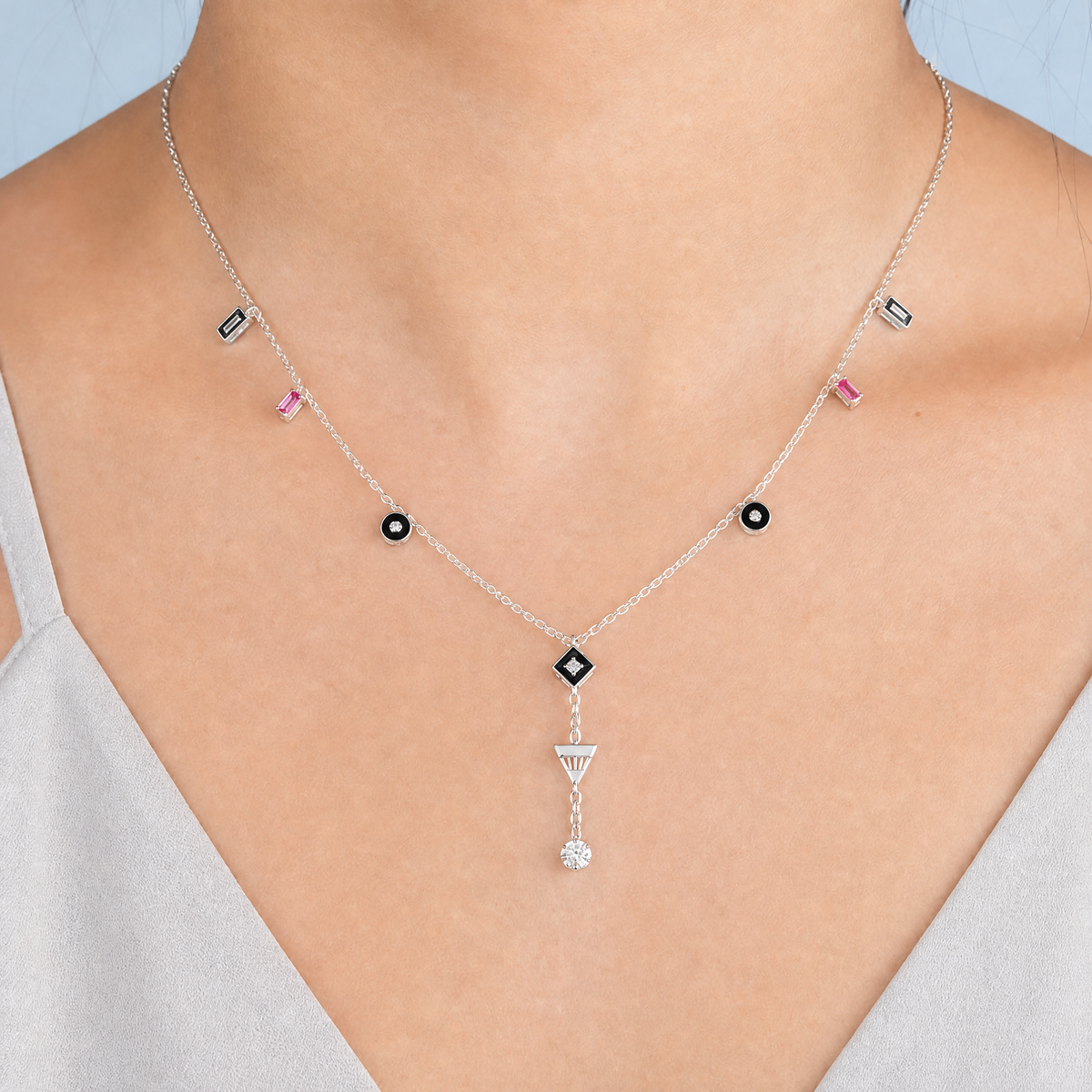 Art Deco Station Y Necklace in 925 sterling silver, worn at the neckline