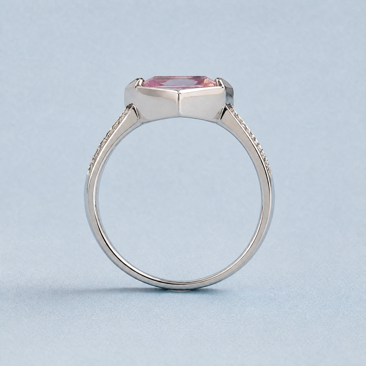 Long Hexagon Pink Pavé Ring in 925 sterling silver, upright view