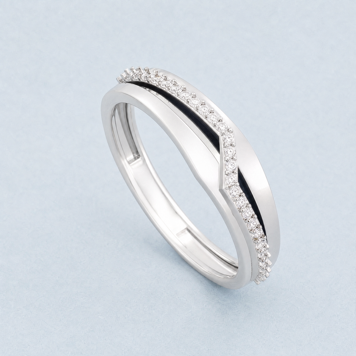 Chevron Pavé Double Band Ring in 925 sterling silver, angled view