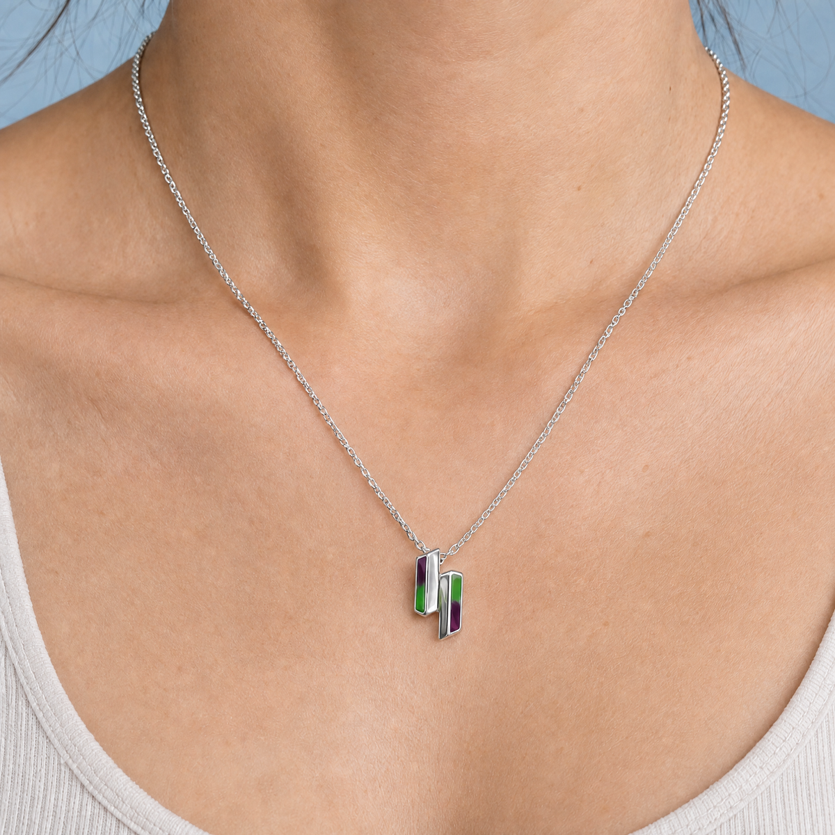 Twin Bar Enamel Pendant Necklace in 925 sterling silver, worn at the neckline