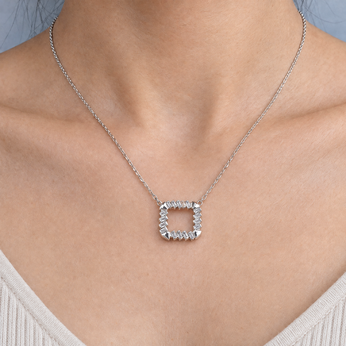Baguette Square Frame Necklace in 925 sterling silver, worn at the neckline
