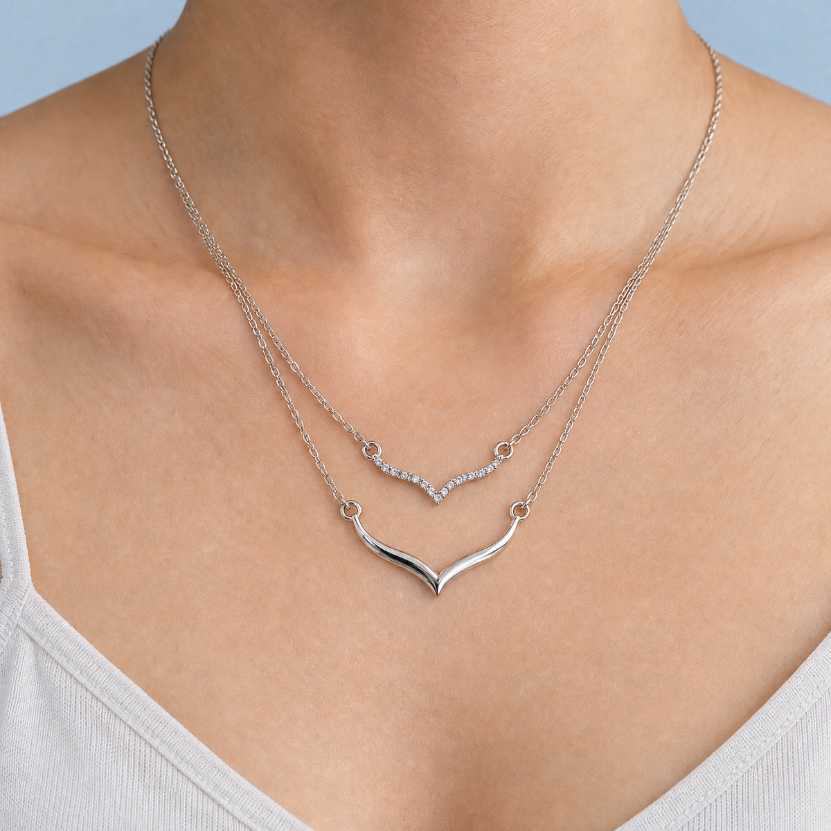 Double V Layered Necklace in 925 sterling silver, worn at the neckline