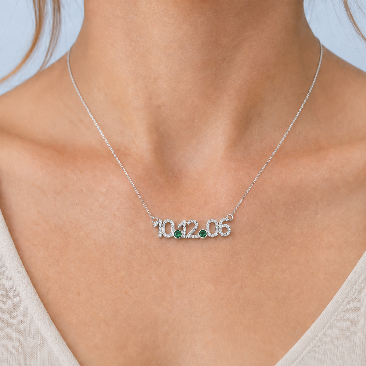Personalised Date Necklace in 925 sterling silver, worn at the neckline