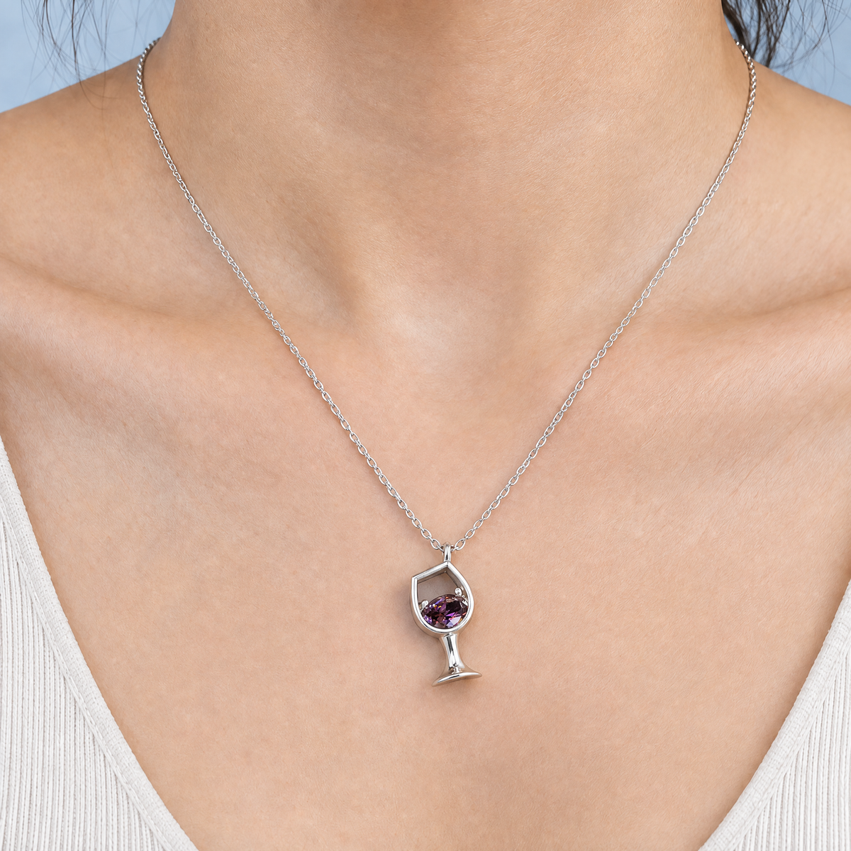 Wine Glass Pendant Necklace in 925 sterling silver, worn at the neckline