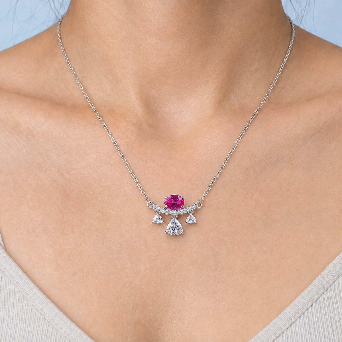 Pink Oval Bar Drop Necklace in 925 sterling silver, worn at the neckline