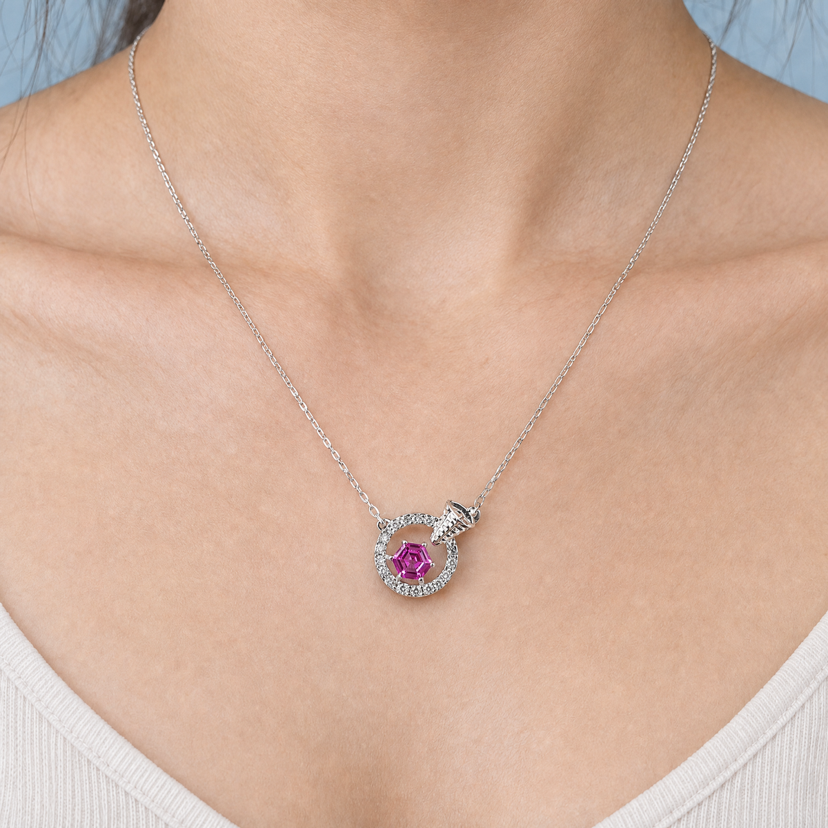 Pink Hexagon Circle Necklace in 925 sterling silver, worn at the neckline
