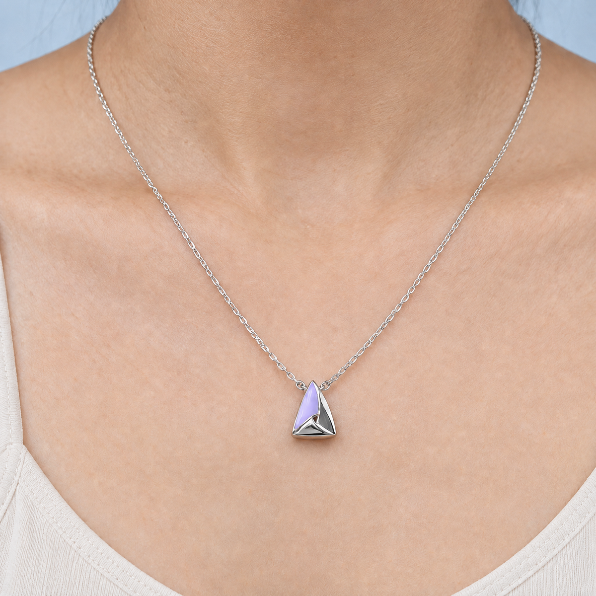Folded Triangle Enamel Pendant Necklace in 925 sterling silver, worn at the neckline