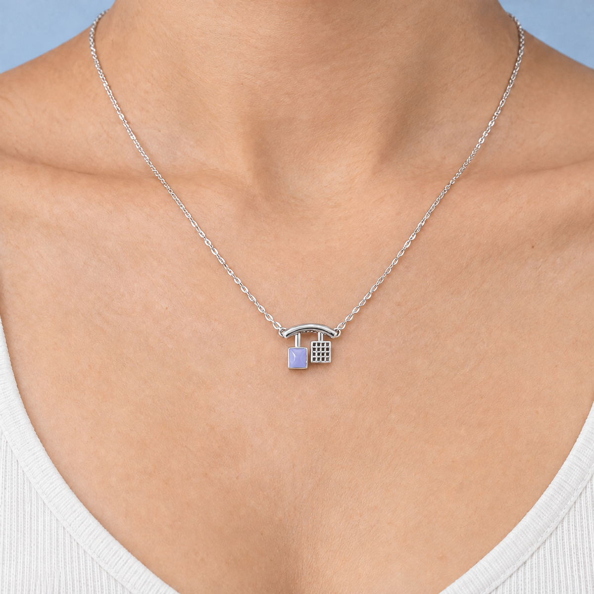 Lavender and Grid Pendant Necklace in 925 sterling silver, worn at the neckline