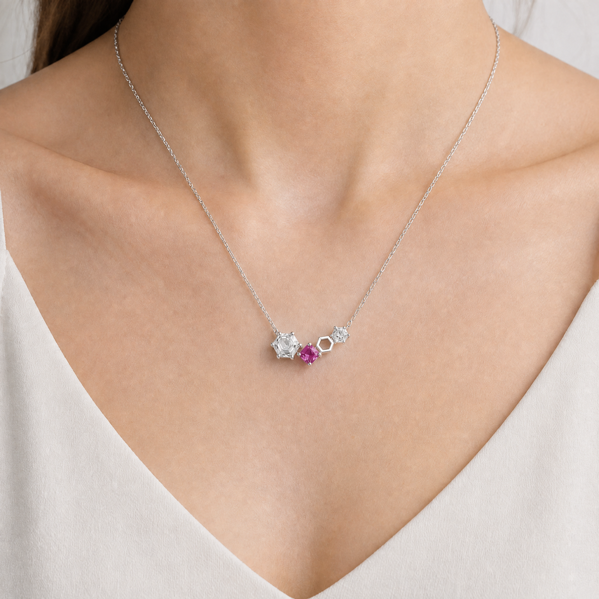 Hexagon Trio Bar Necklace in 925 sterling silver, worn at the neckline