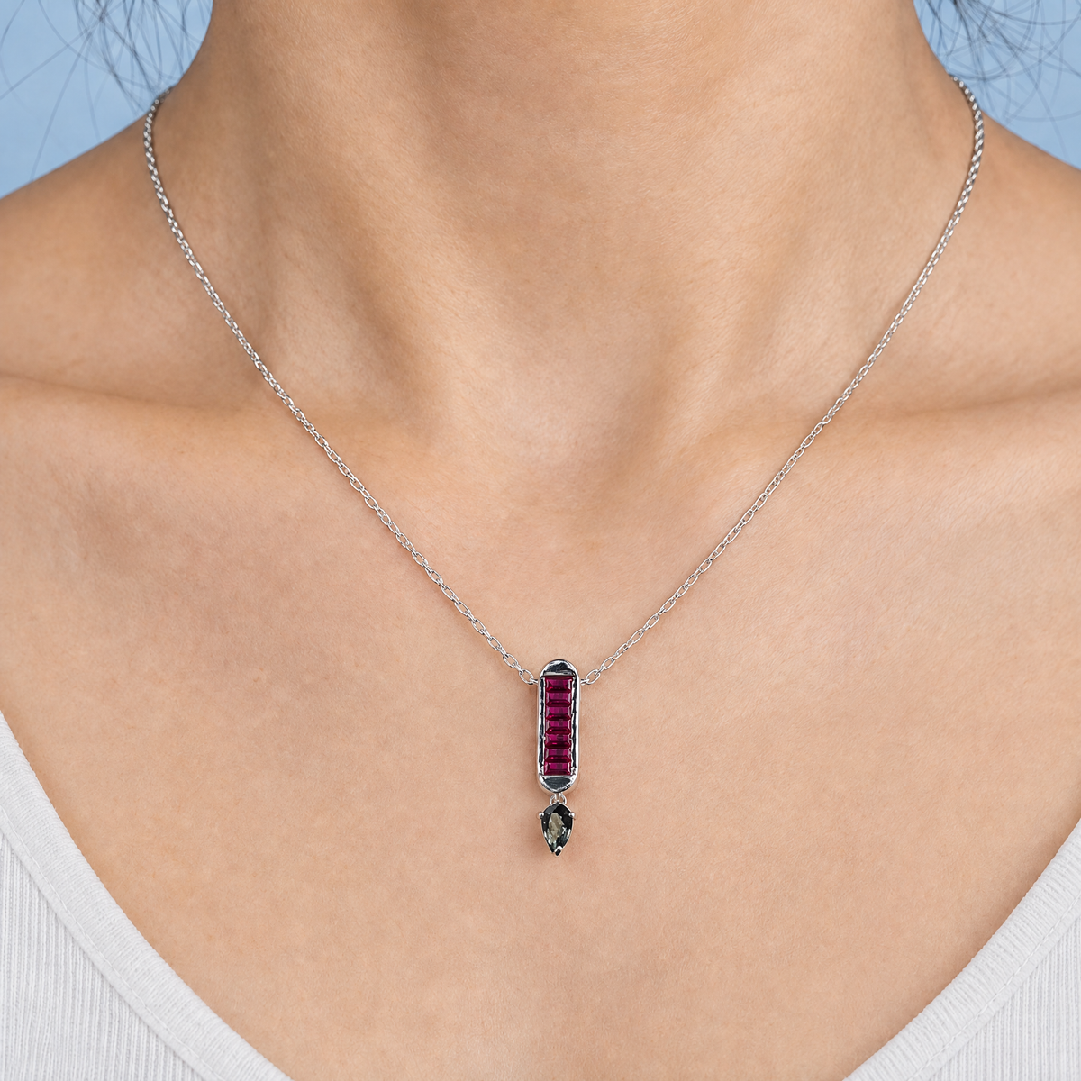 Red Baguette Bar Drop Necklace in 925 sterling silver, worn at the neckline