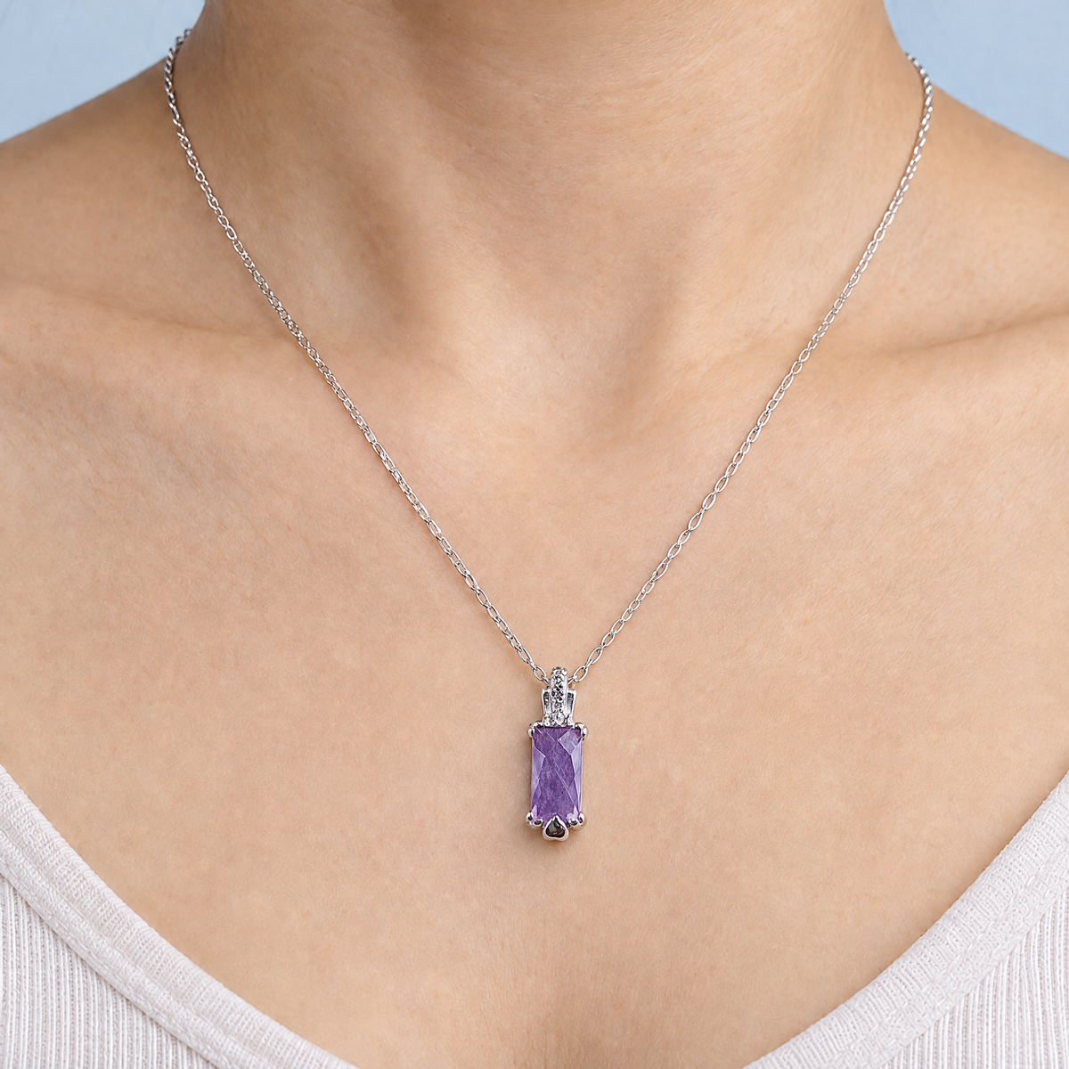 Lavender Rectangle Pendant Necklace in 925 sterling silver, worn at the neckline