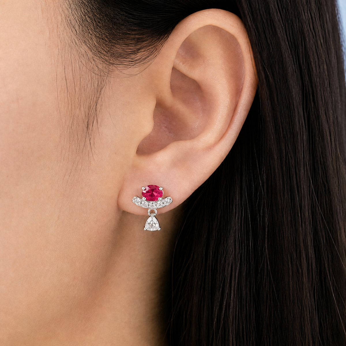 Pink Oval Bar Drop Earrings in 925 sterling silver, worn on the ear